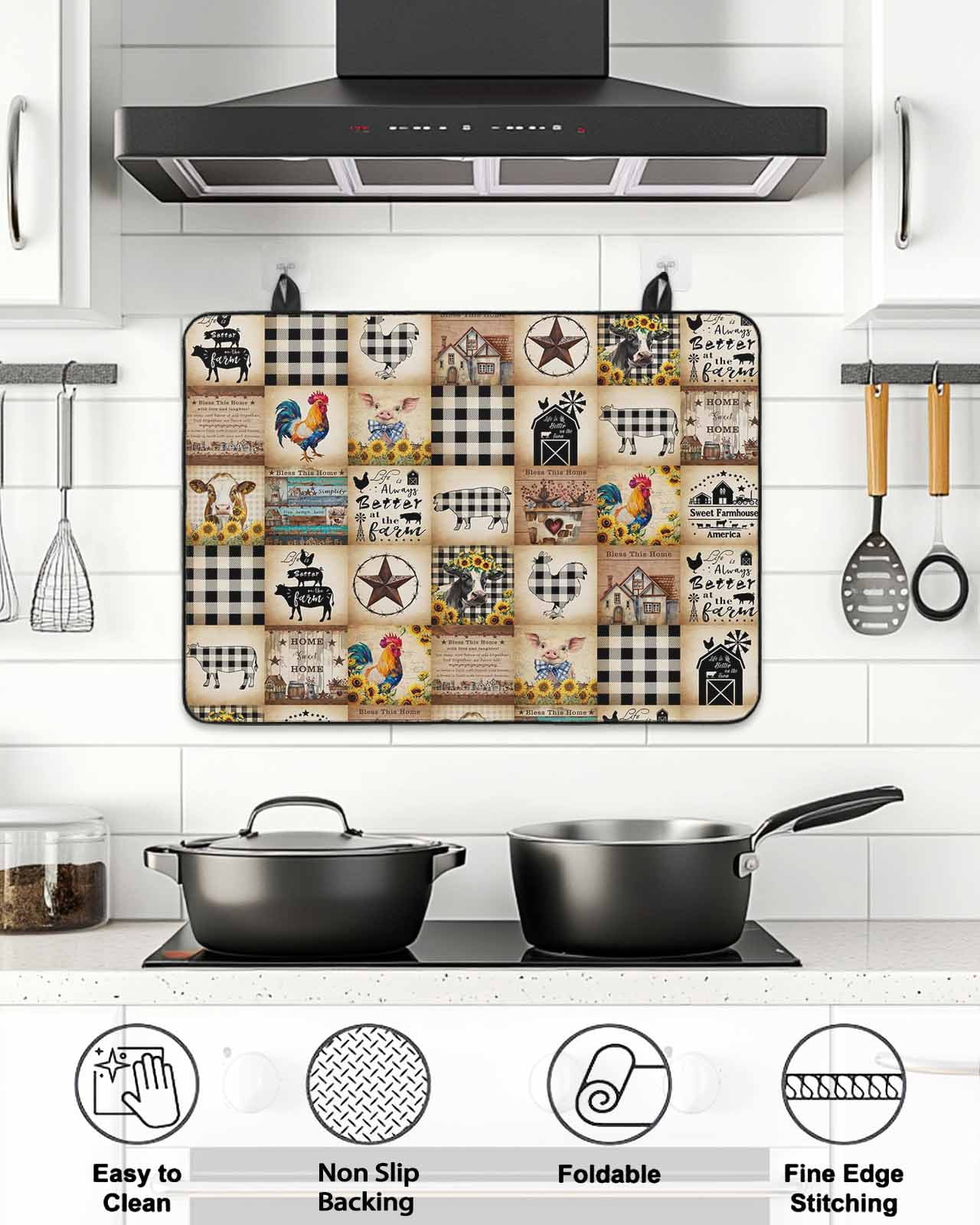 Stove Top Covers for Electric Stove, Animals Farmhouse Glass Stovetop Cover Protector, Vintage Farm Country Star Brown Plaid Induction Cooktop Protector Oven Mat for Kitchen Countertop 24"x21"