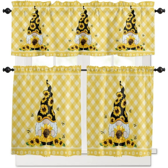 3 Piece Gnome Sunflower Bee Kitchen Curtains, Tier and Valance Rod Pocket Window Curtains Set Vintage Farm Yellow Plaid Cafe Curtains for Kitchen Valances Window Treatment 54X18in 27x24in×2