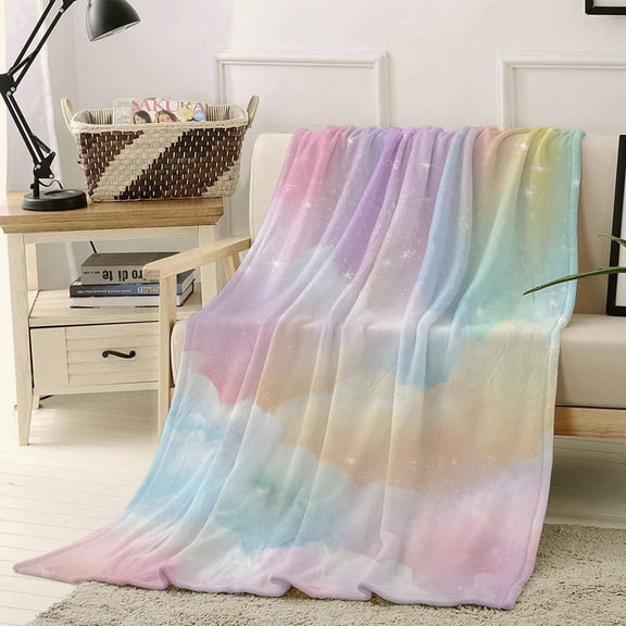 Throw Blanket Fleece Throw Blanket 50x60in, Colorful Cloud Rainbow Soft Lightweight Bed Blankets Dreamy Cloud Sky Star Fuzzy Couch Blankets for All Season