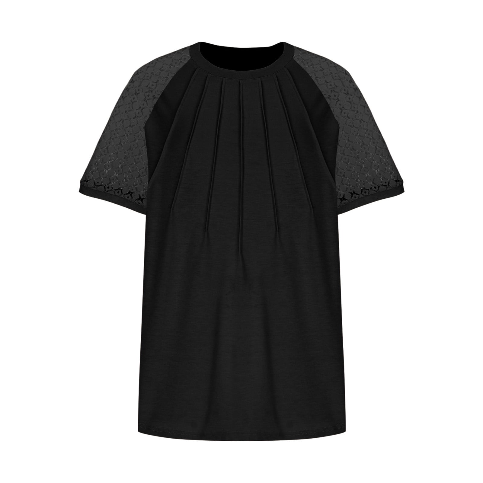 ATOYSOY Women's Lace Crochet Splicing Pleated Tees Plus Size Raglan Tops Loose Tunic Round Neck Pullover Short Sleeve T Shirts Trendy Causal Workout for Girls Black