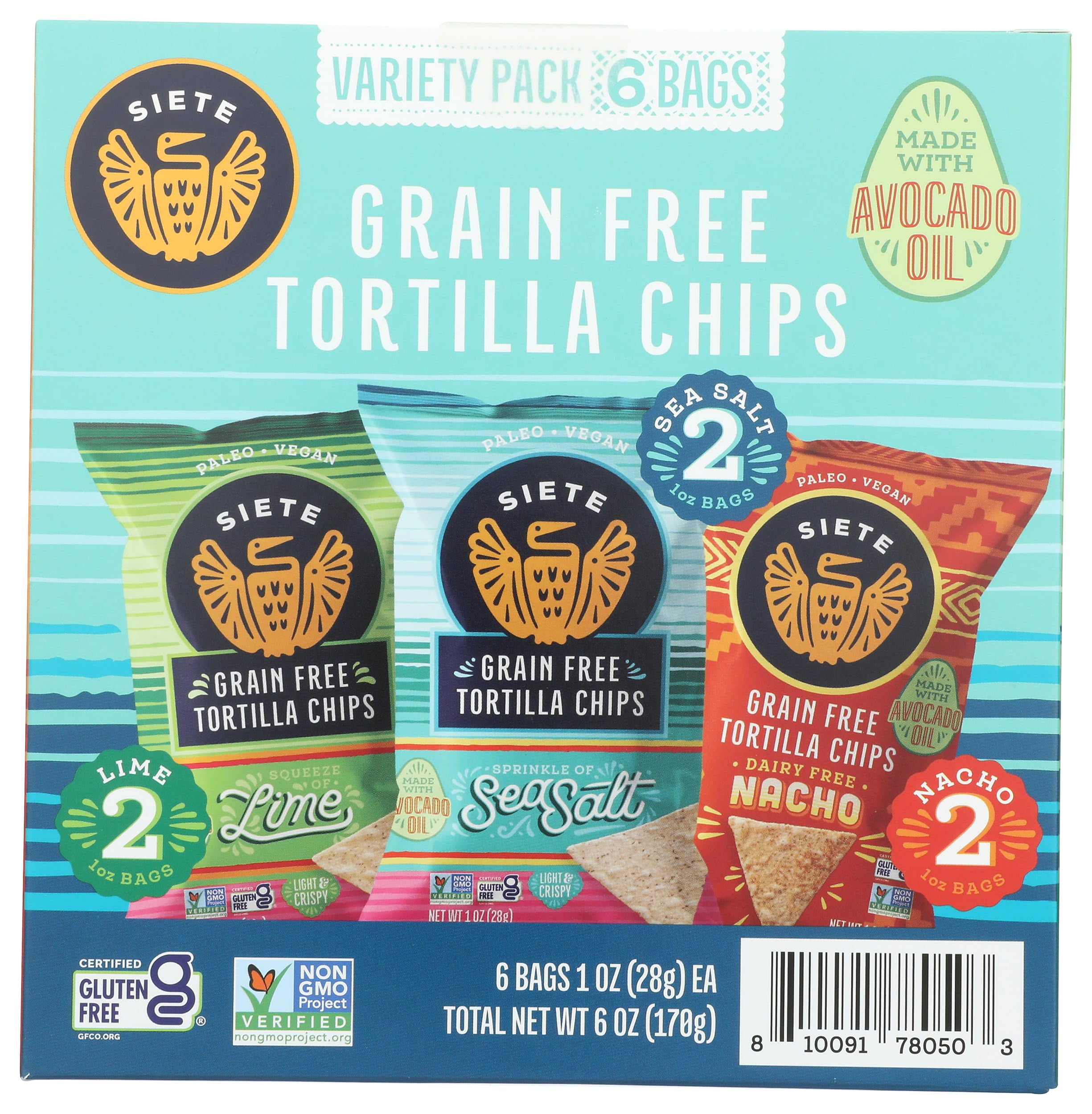 (6 pack) Siete Family Foods Tortilla Chip Variety Pack, 6 Pack