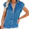 thumbnail image 2 of Riforla Summer Pure Color Retro Women's Short Sleeve Denim Shirt Womens Tops Blue XL, 2 of 9