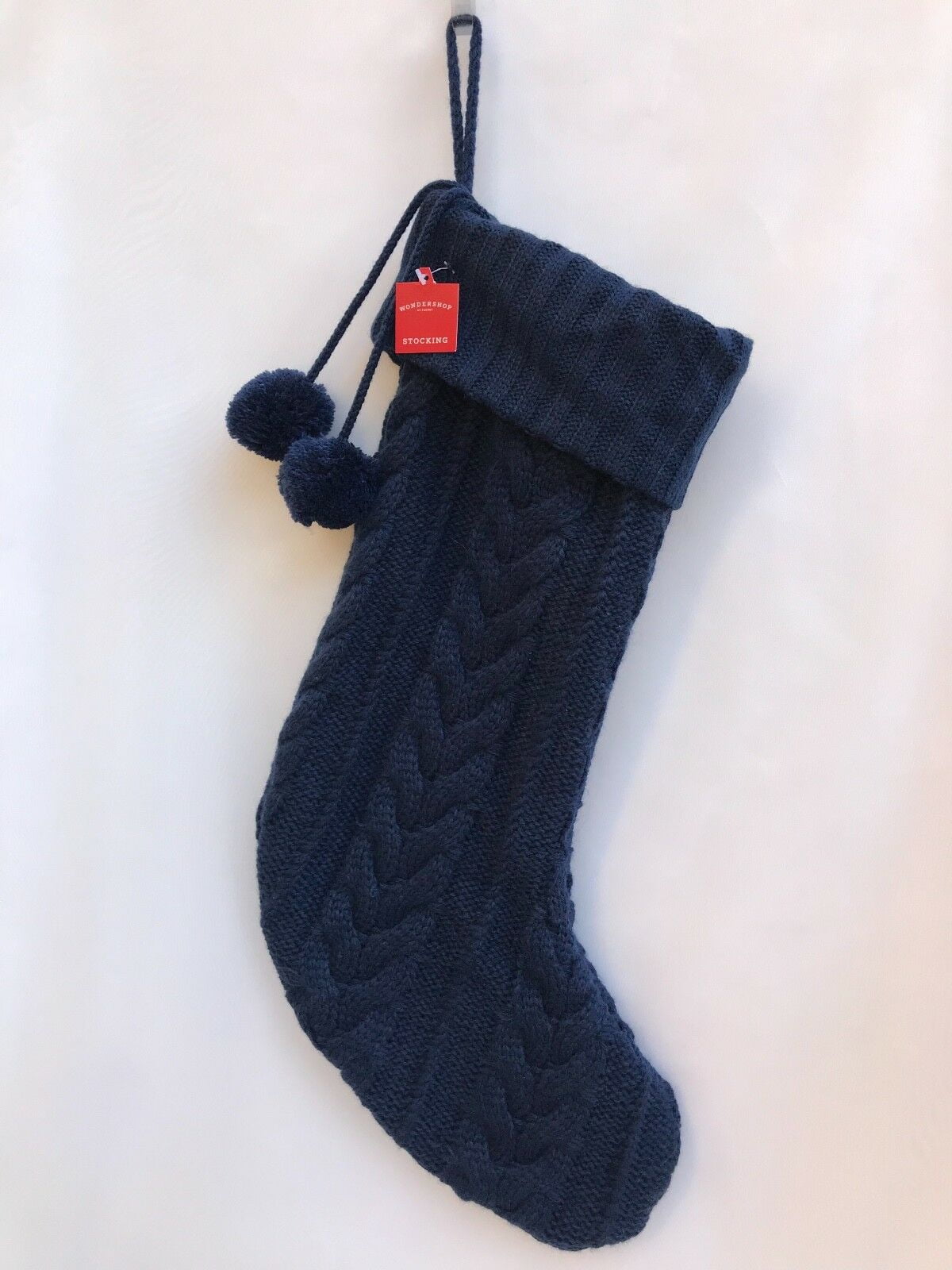 18" CABLE KNIT NAVY BLUE CHRISTMAS STOCKING POM POM HOLIDAY DECOR
