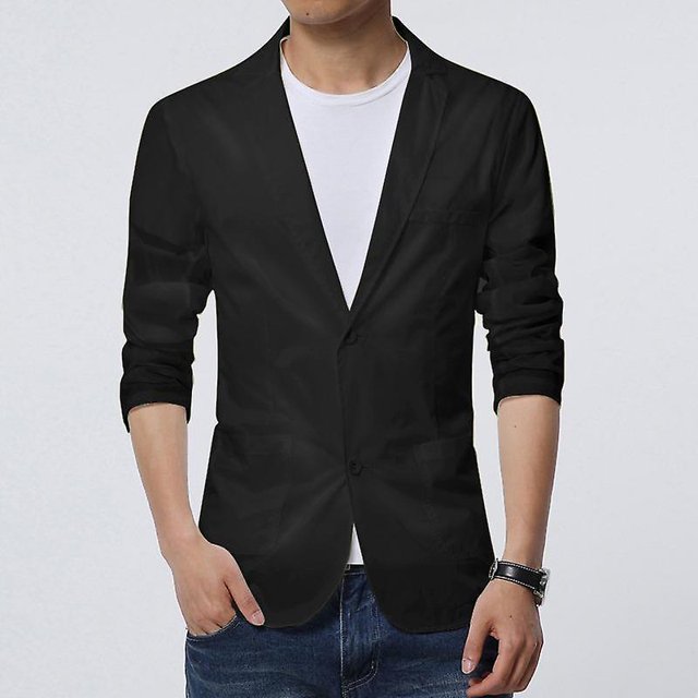 Blazer ultrafino para hombre, chaquetas de solapa informales, abrigo de protección Uv, Tops ajustados, negro