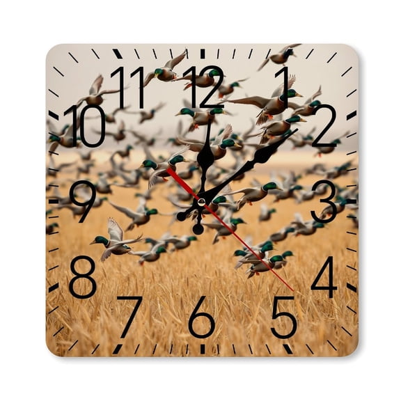 RKSupls 10×10inch Square Silent Wall Clock Wooden Frame, Ducks Fly Field Scale Decorative Clock for Home Bedroom Living Room Office