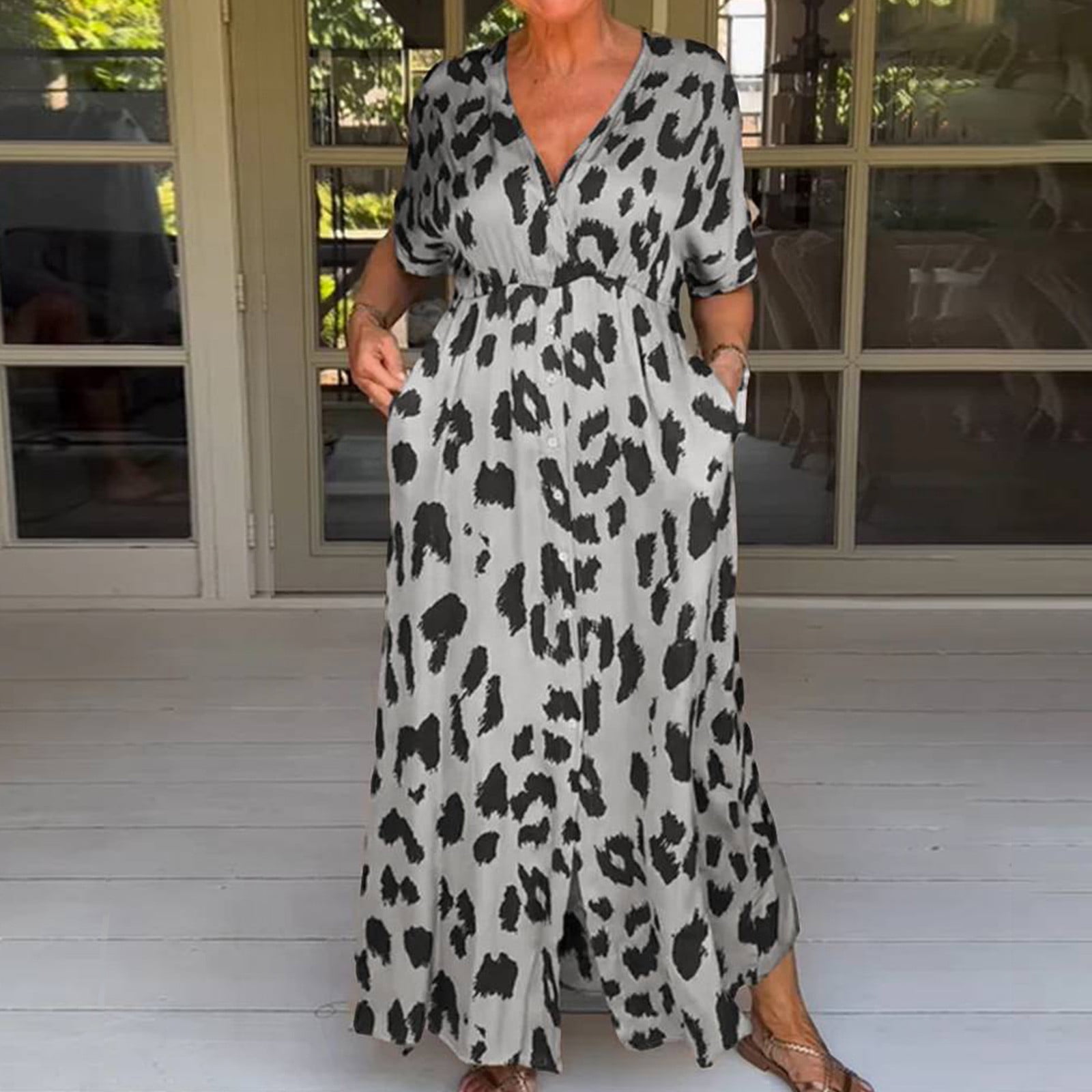 knee length dresses for ladies Brown Leopard Color Block V Neck Loose Fit Maxi Dress