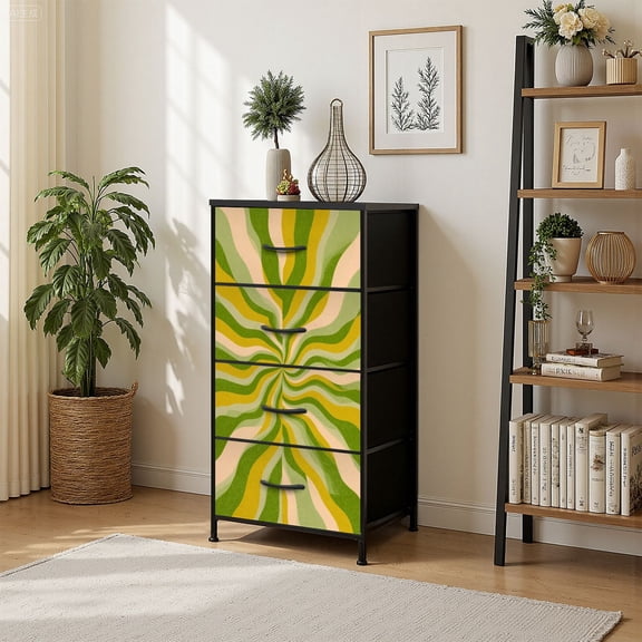 4 Drawer Vertical Storage Dresser Abstract psychedelic retro wavy warm retro colors Trendy with Wood Top Fabric Pull Drawers