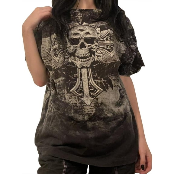 Springcmy Y2K Fairy Grunge Skull Shirts for Women Teens Girls Punk Graphic Baggy Tee Shirts Tops Halloween Clothes