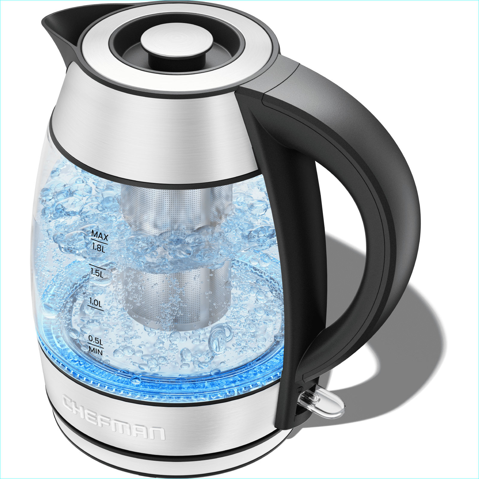 Chefman Fast-Boil 1.8L 1500W Glass Electric Kettle with Tea Infuser - Stainless Steel, New