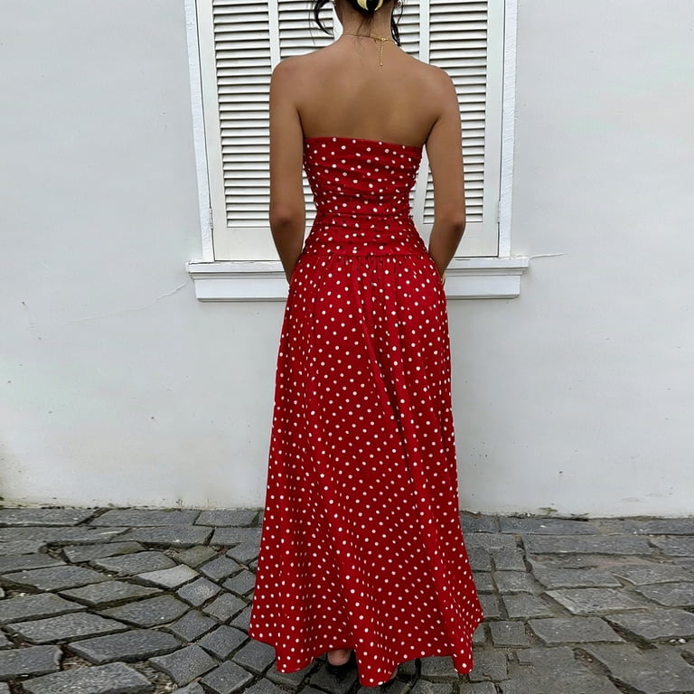 bandeau dress beach Women's Strapless Polka Dot Summer Elastic Ruffled Vacation Dress Red XL RUNS SMALL —— PLEASE GO UP A FULL SIZE:Large 12 Zara pearls knit dress AECORNER offering a luxurious feel sun dress