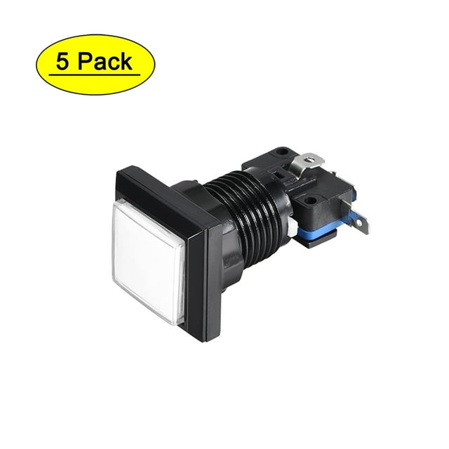 Juego de botón pulsador 34x34 cuadrado 12V interruptor pulsador iluminado LED con microinterruptor para juegos de video de arcade blanco 5 piezas