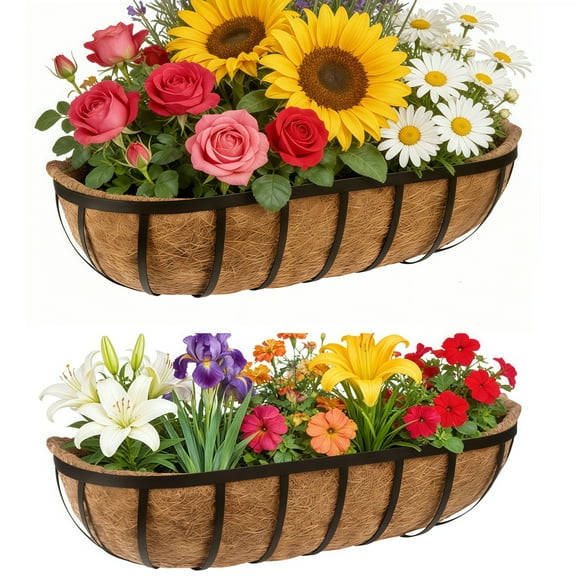 Every Moment Counts 2-Pack 24" Vertical Stack Railing Planters, Window Box Set with Coco Liners & Drainage - Dual-Tier Rail Décor for Patio/Deck