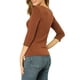 thumbnail image 3 of Blusa de mujer con fruncidos Inspire Chic, decoración de botones, cuello en V, manga 3/4, top de punto sólido, 2XL, marrón, 3 of 7