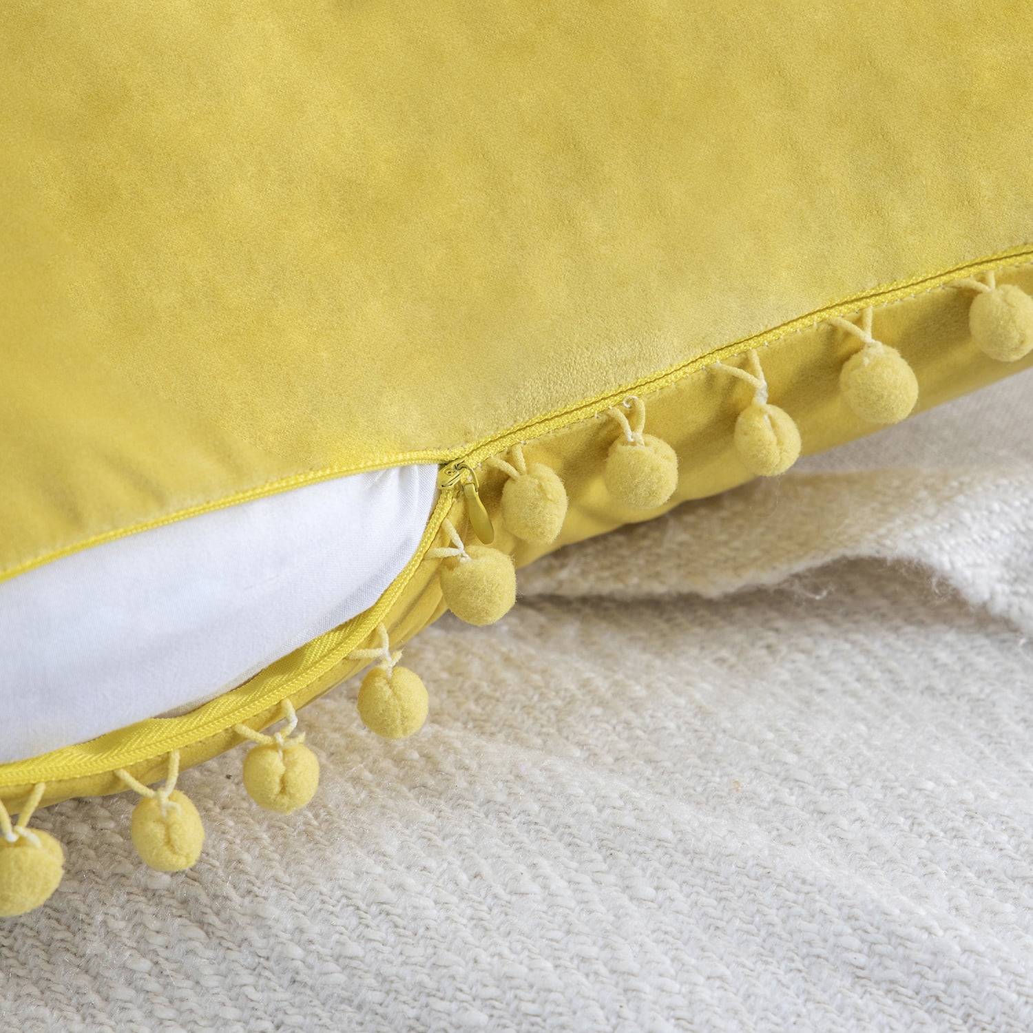 Phantoscope Velvet Series Pom Pom Square Decorative Throw Pillow, 18" x 18", Yellow, 1 Pack
