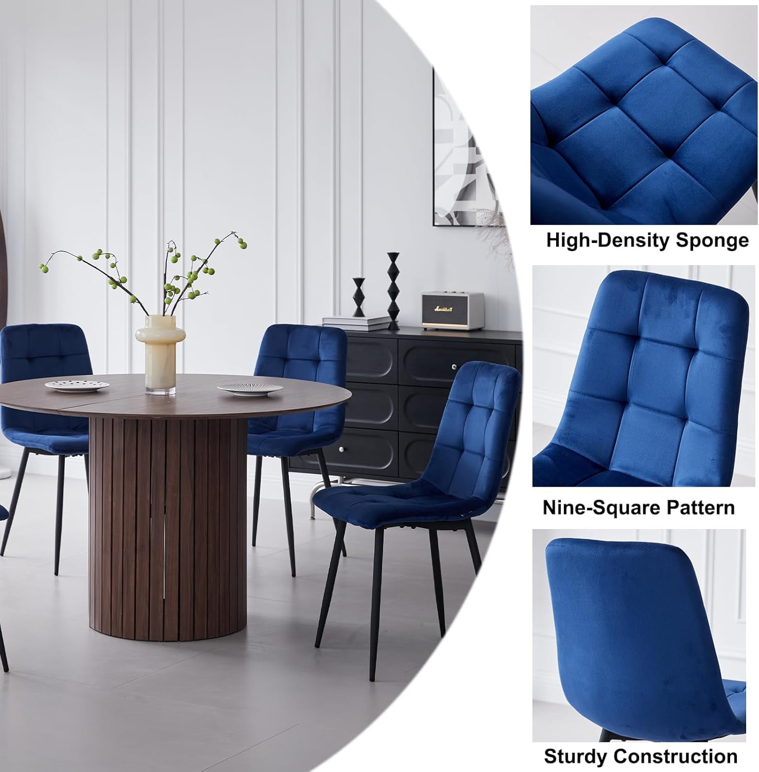 5 Piece Round Dining Table Set - Mid-Century 47 inch Brown Dining Table with 4 Blue Velvet Chairs Set, Dinner Table & Chair with Metal Legs for Kitchen Dining Room, Apartment, Bedroom