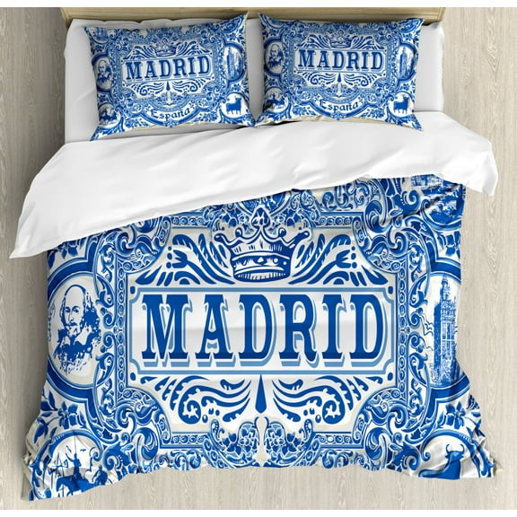 Spanish Duvet Cover Set Queen Size, Madrid Calligraphy Traditional Painted Tin Graphic Tile Azulejo Print, Decorative 3 Piece Bedding Set with 2 Pillow Shams, Navy Blue White Eggshell, by Ambesonne