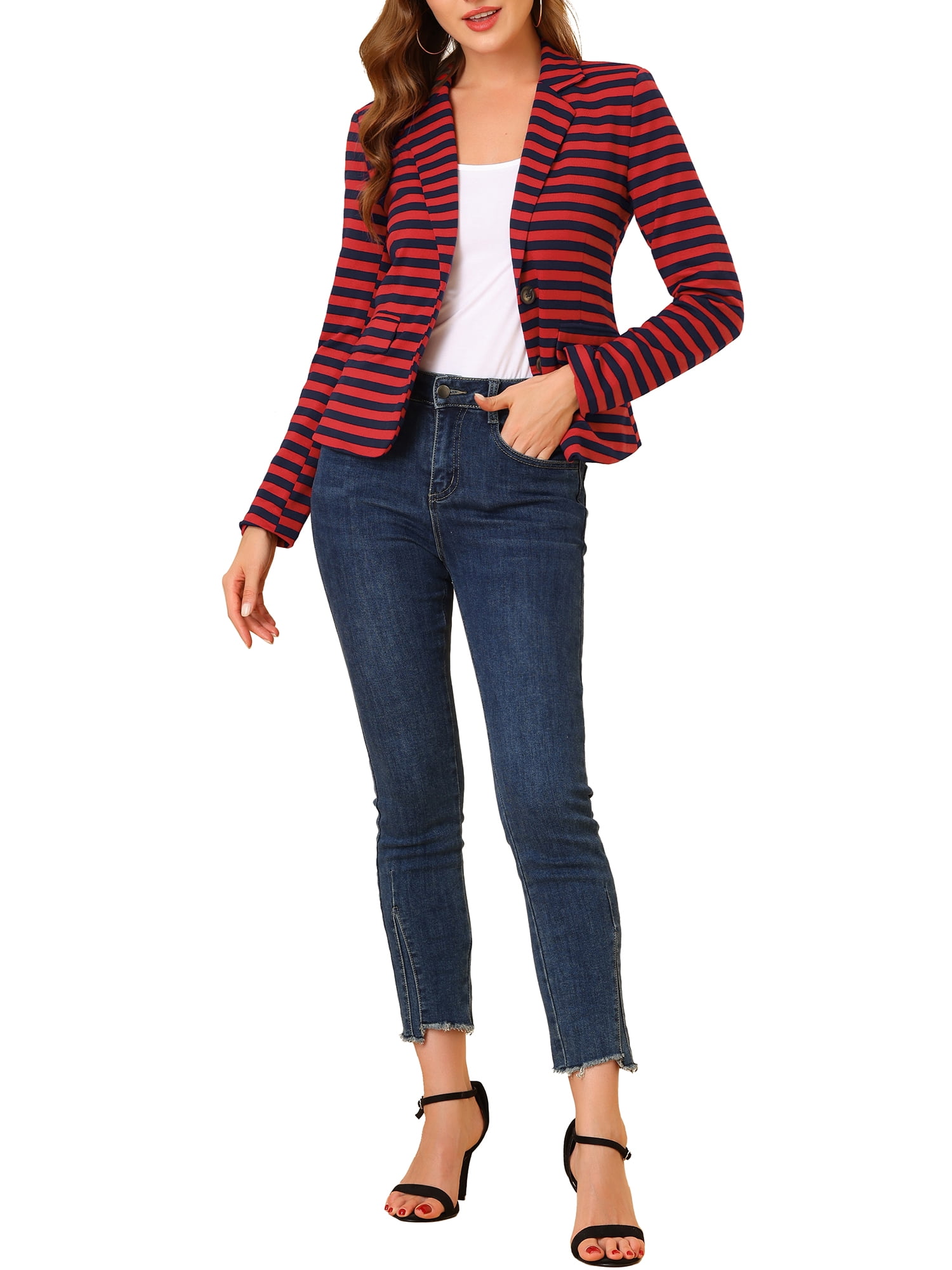 DARING DIVA Women's Striped Notched Lapel Button Closure Blazer M Red Blue