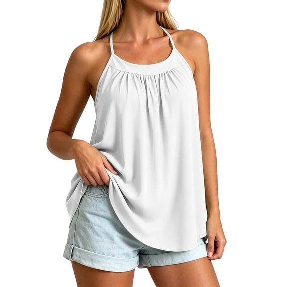 ThreadVibe Women's Basic Scoop Neck Tank Tops With Built in Bras Casual Summer Tank Tops,Pleated Front Loose‑Fit Flowy Summer Sleeveless Shirts
