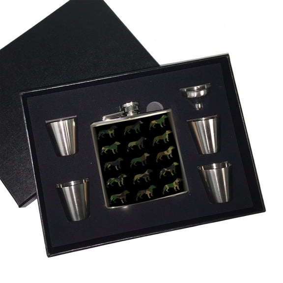 KuzmarK 6 oz. Stainless Steel Flask Set in Black Presentation Box -  Pitbull Camoflauge