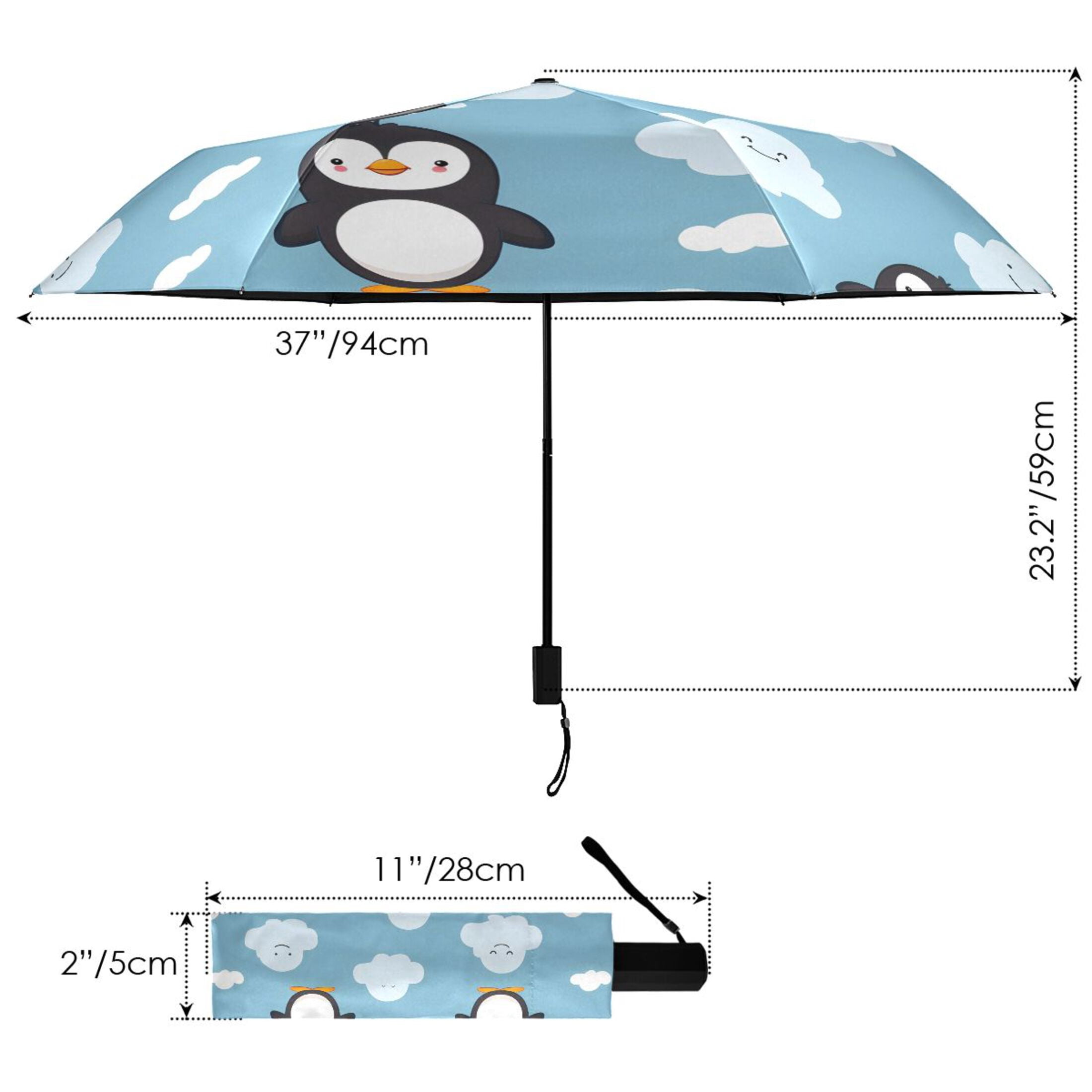 Cartoon Penguins and Cloud Compact Sun Umbrella Windproof Travel Umbrellas for Rain Strong Portable UV Protection