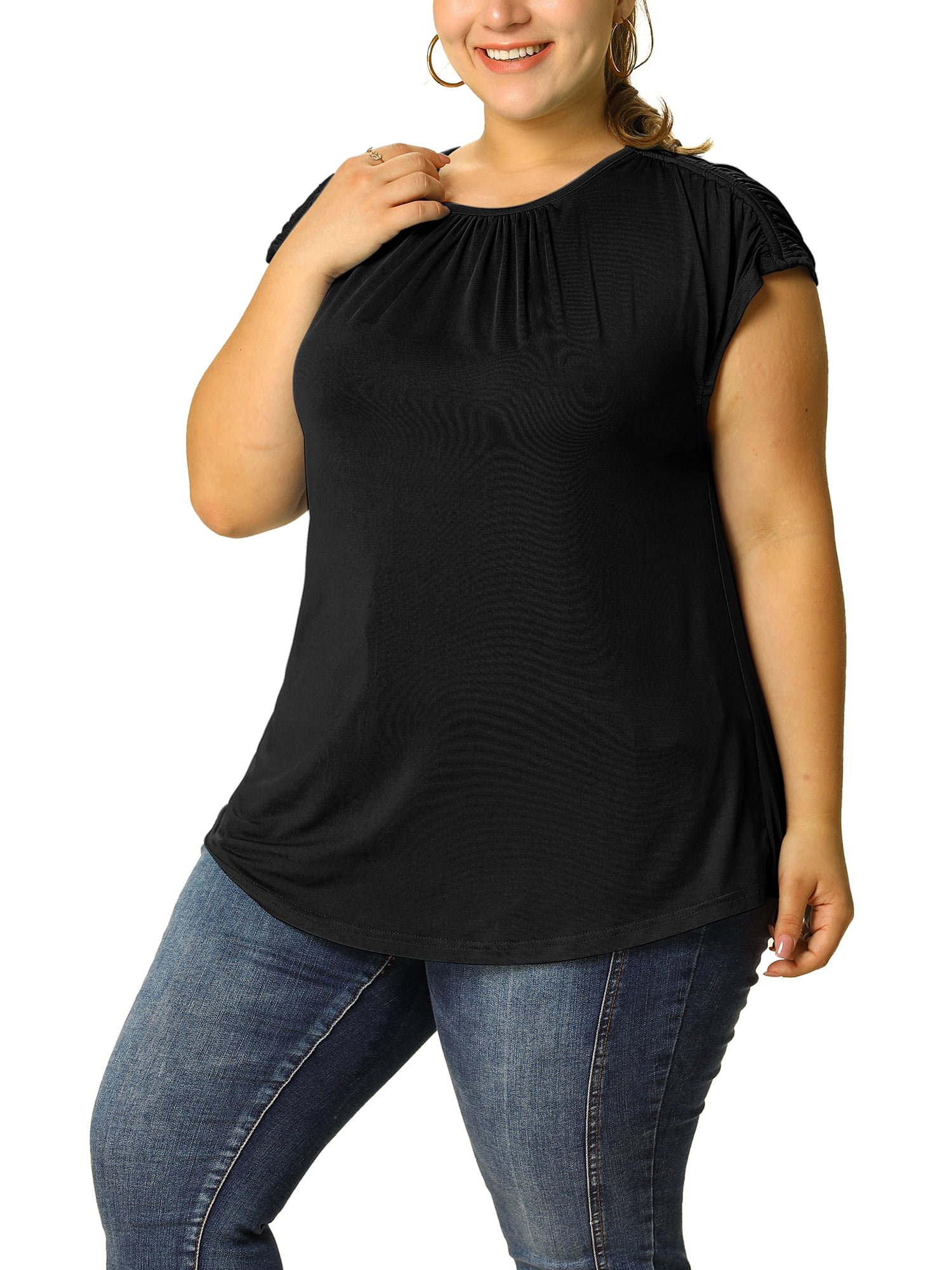 DARING DIVA Women's Plus Round Neck Ruched Short Sleeve Summer Top 3X Black