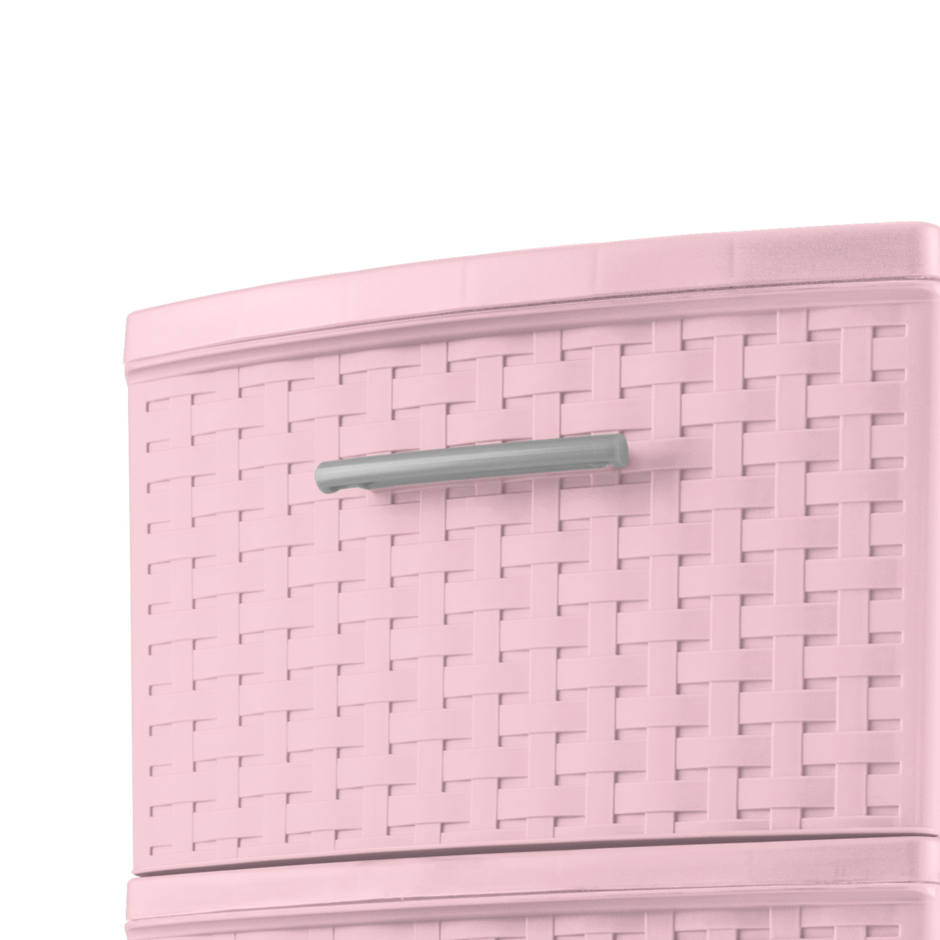 Sterilite 3 Drawer Tower, Slim Plastic Weave 3 Drawer Tower with Pull Handles, Pink, Pack of 2