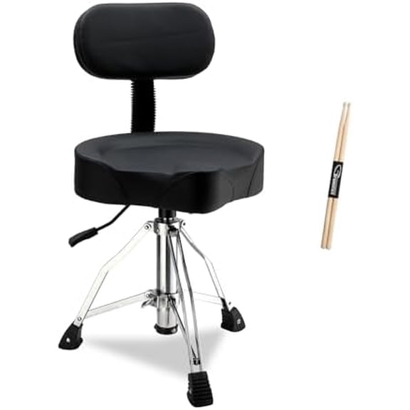 Drum Throne with Backrest | Heavy Duty Hydraulic Adjustable Stool, Saddle Seat & Bonus Drumsticks (Black)​​$$Music