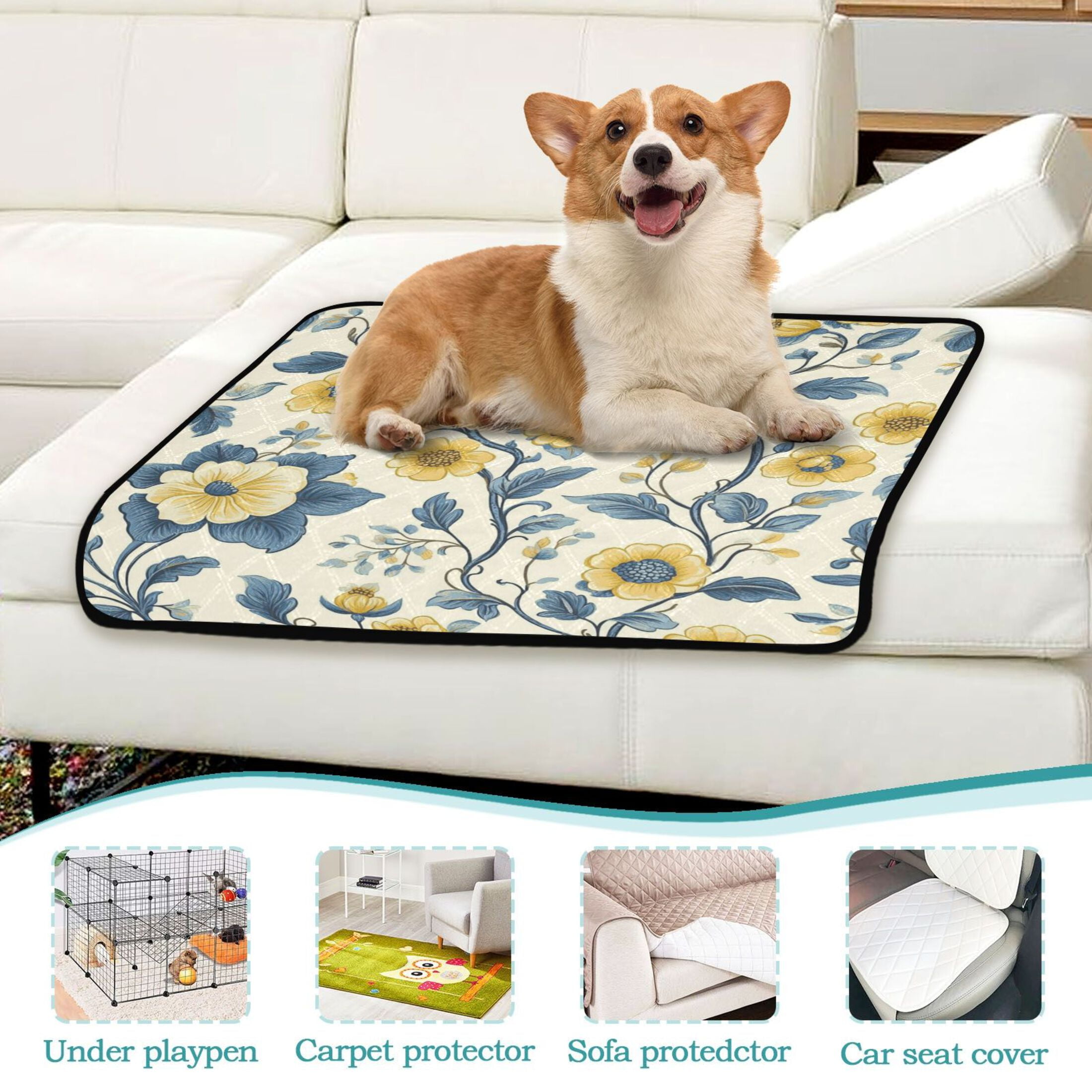 Qxltty Yellow Vintage Floral Pattern Cat litter Pads Pet Set of 3 Diaper Mats Center Anti-leakage Layer Absorbent Soft and Comfortable