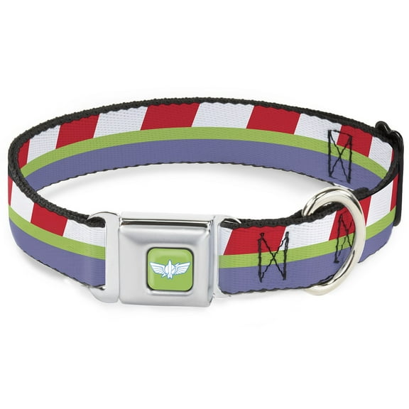 Disney Pet Collar, Dog Collar Metal Seatbelt Buckle, Toy Story Buzz Lightyear Space Ranger Stripe Red Green Purple, 9.5 to 13 Inches 1.0 Inch Wide
