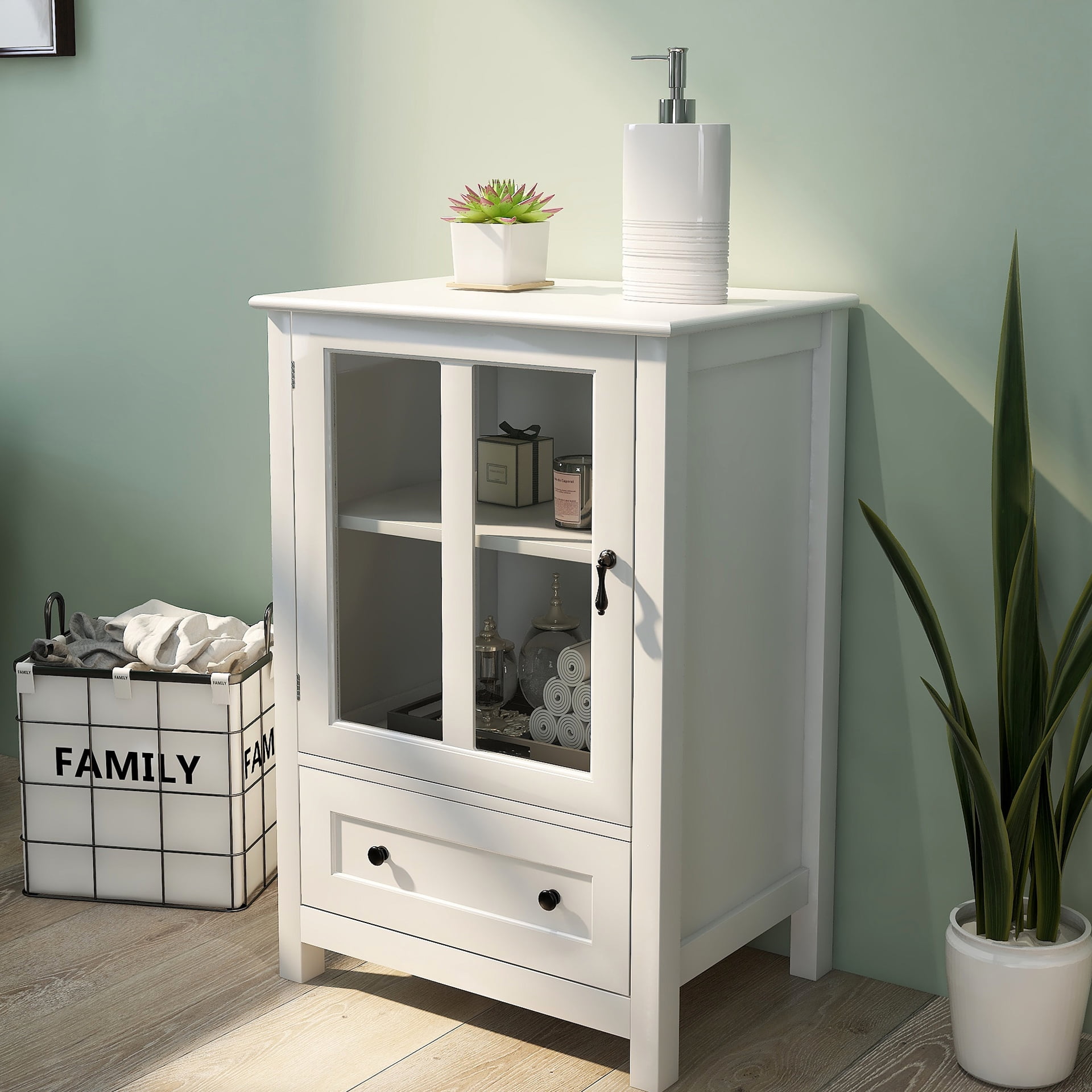Mintazer Sideboard Buffet Cabinet with Glass Door, Farmhouse Storage Credenza with Adjustable Shelf & Large Drawer for Laundry Room Living Room Kitchen, White