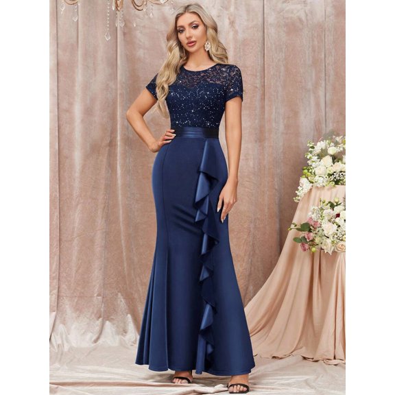 Blue Sequin Lace Ruffle Mermaid Evening Maxi Dress For Formal Occasions