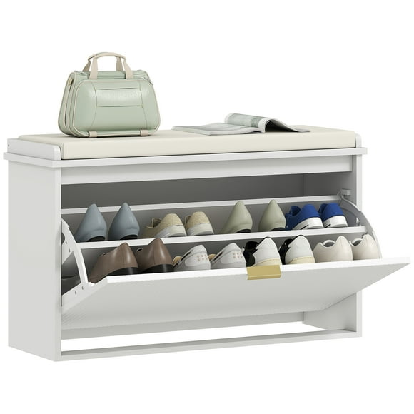HOMCOM Shoe Bench with Padded Seat and Flip-Drawer for 8 Pairs, White