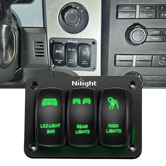 Nilight 3 Gang Rocker Switch Panel Aluminum 5 Pin on off Toggle Switch Panel Led Light Bar Switch SPST 12V-24V Green Switches for Marine Boats,Cars,ATVs,UTVs