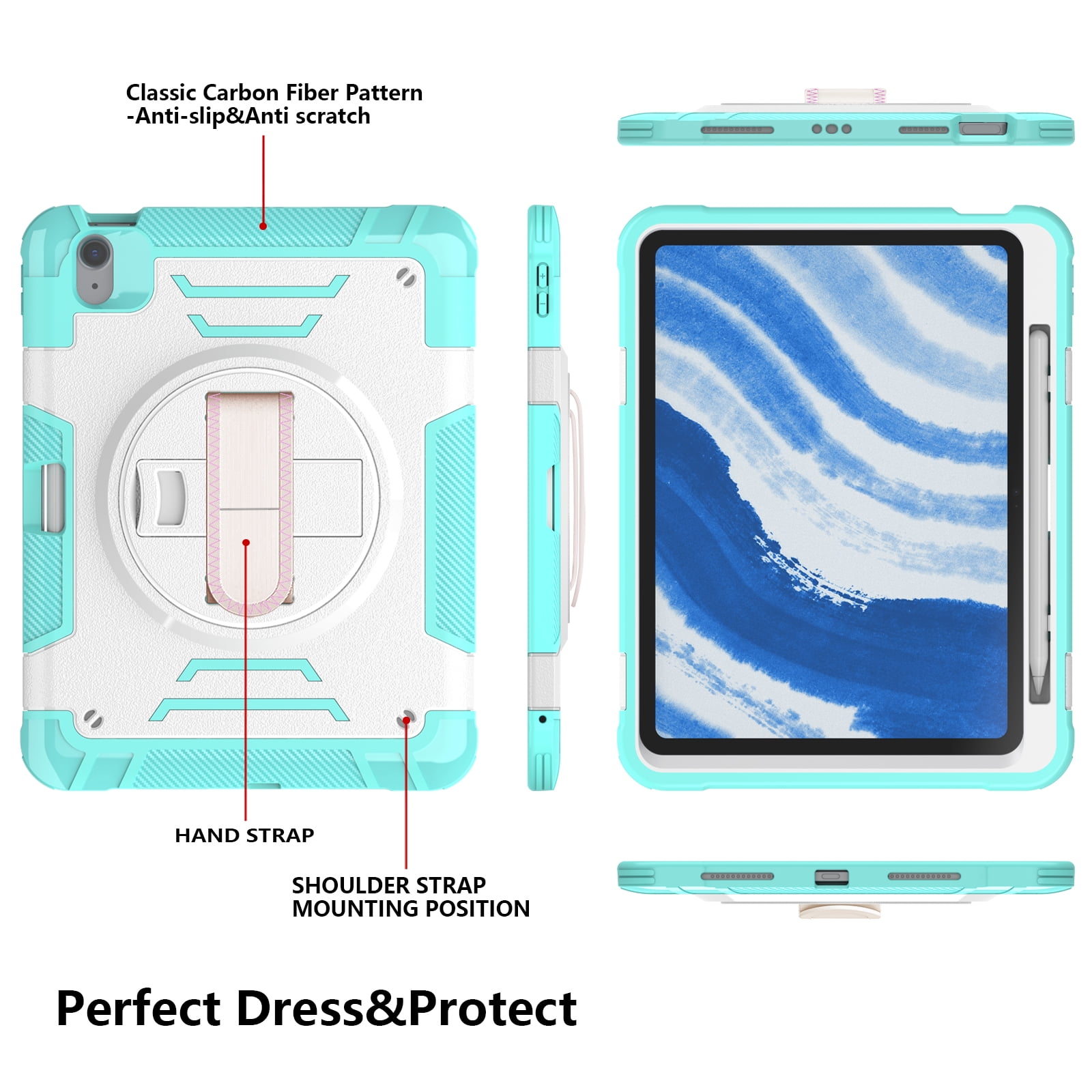 Casetego for iPad Air 6th/5th/4th Generation Case (10.9”, 2024/2022/2020),Shockproof Heavy Duty [360 Rotating Stand] [Hand Strap] [Pencil Holder] iPad Air 6/5/4 for Case Kids Girls Gifts,Green