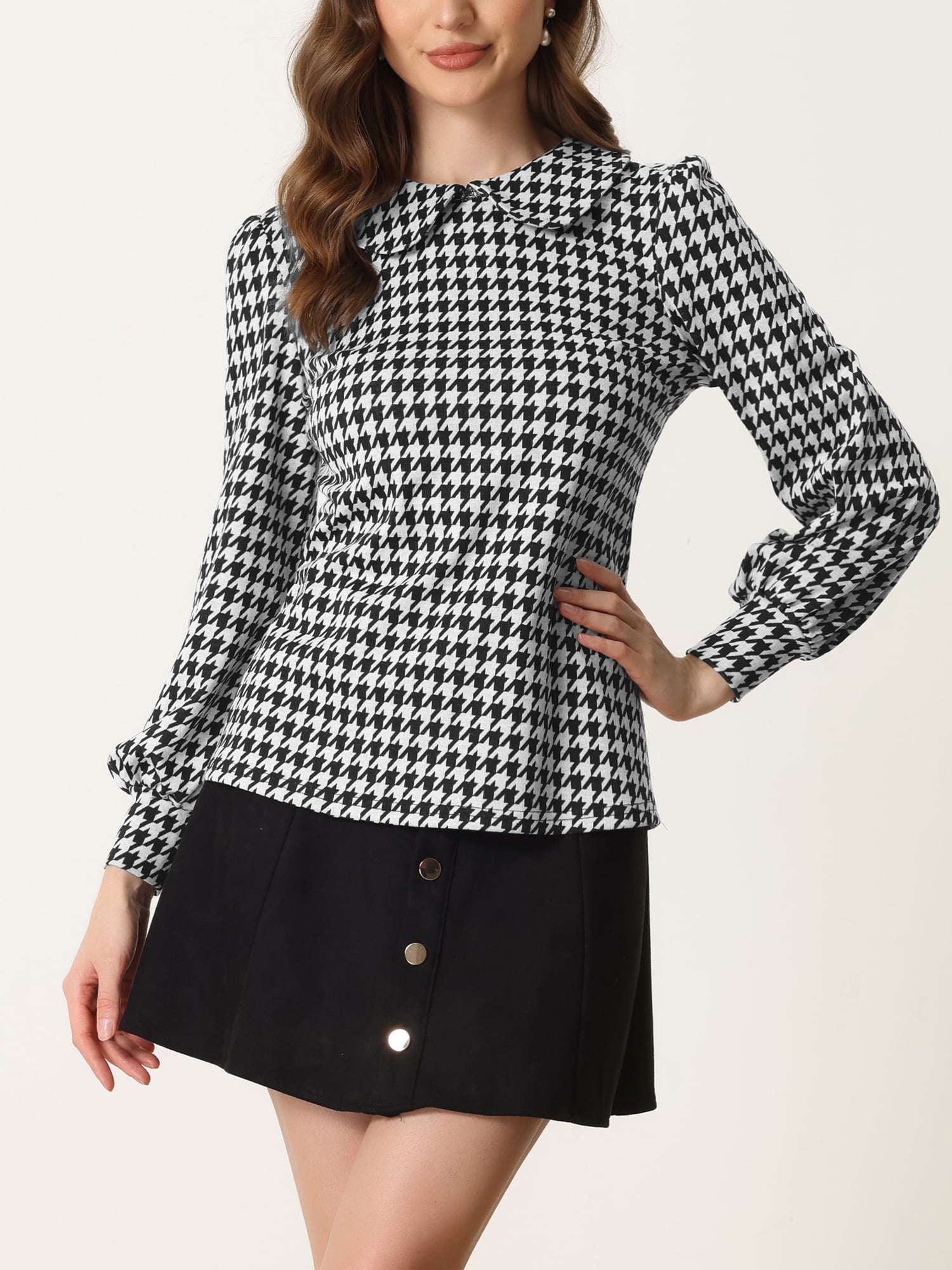 Women's Peter Pan Collar Shirt Fashion Puff Long Sleeve Houndstooth Plaid Blouse XL Black