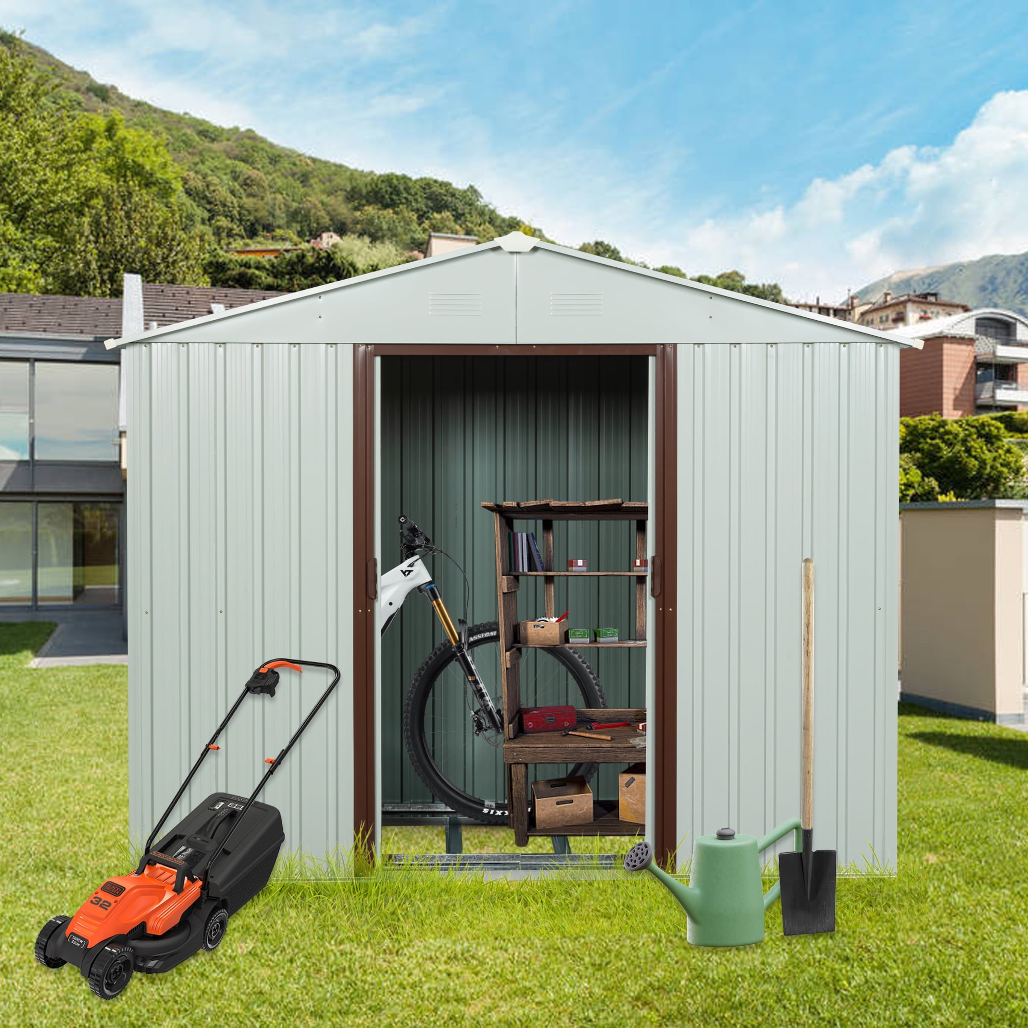 GVN 6ft x 5ft Outdoor Metal Storage Shed White, Heavy Duty Metal Tool Sheds Storage House with Air Vent for Garden, Patio, Lawn to Store Bikes, Trash Bins, Tools, Lawnmowers