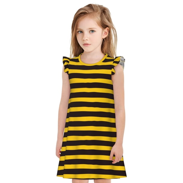 Fotbe Bee Stripe Vestido de Dormir para Niñas de 3 a 10 Años, Mangas Cortas, Estilo Princesa, Pijama Camisón con Mangas Voladas-Large