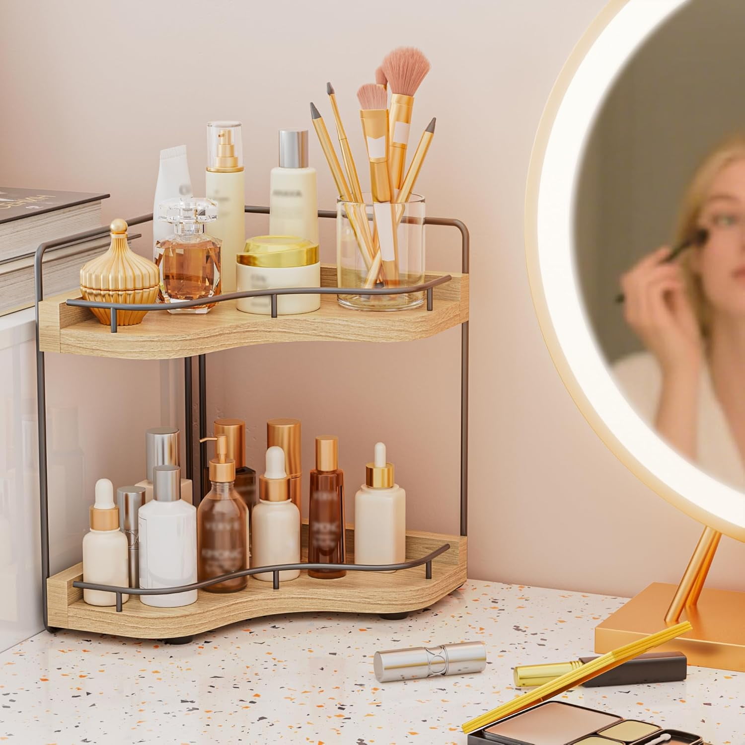 JDNRXO 2-Tier Corner Bathroom Counter Organizer with Embedded Screw Holes, Secure & Stable Wood Vanity Shelf for Makeup and Skincare Essentials - Space Saving Bathroom Organization  Storage