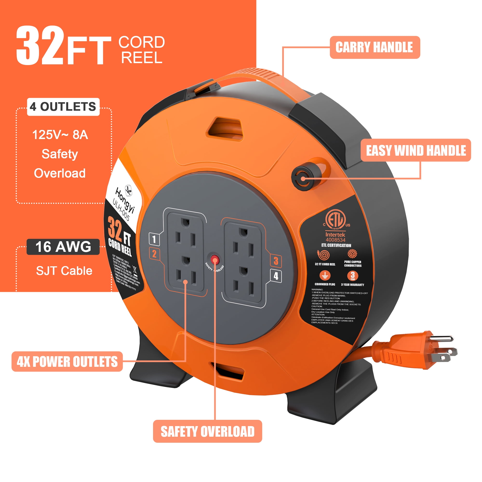 Hongyi Extension Cord Reel 32ft,16AWGX3C,SJT,4-Outlet,Orange