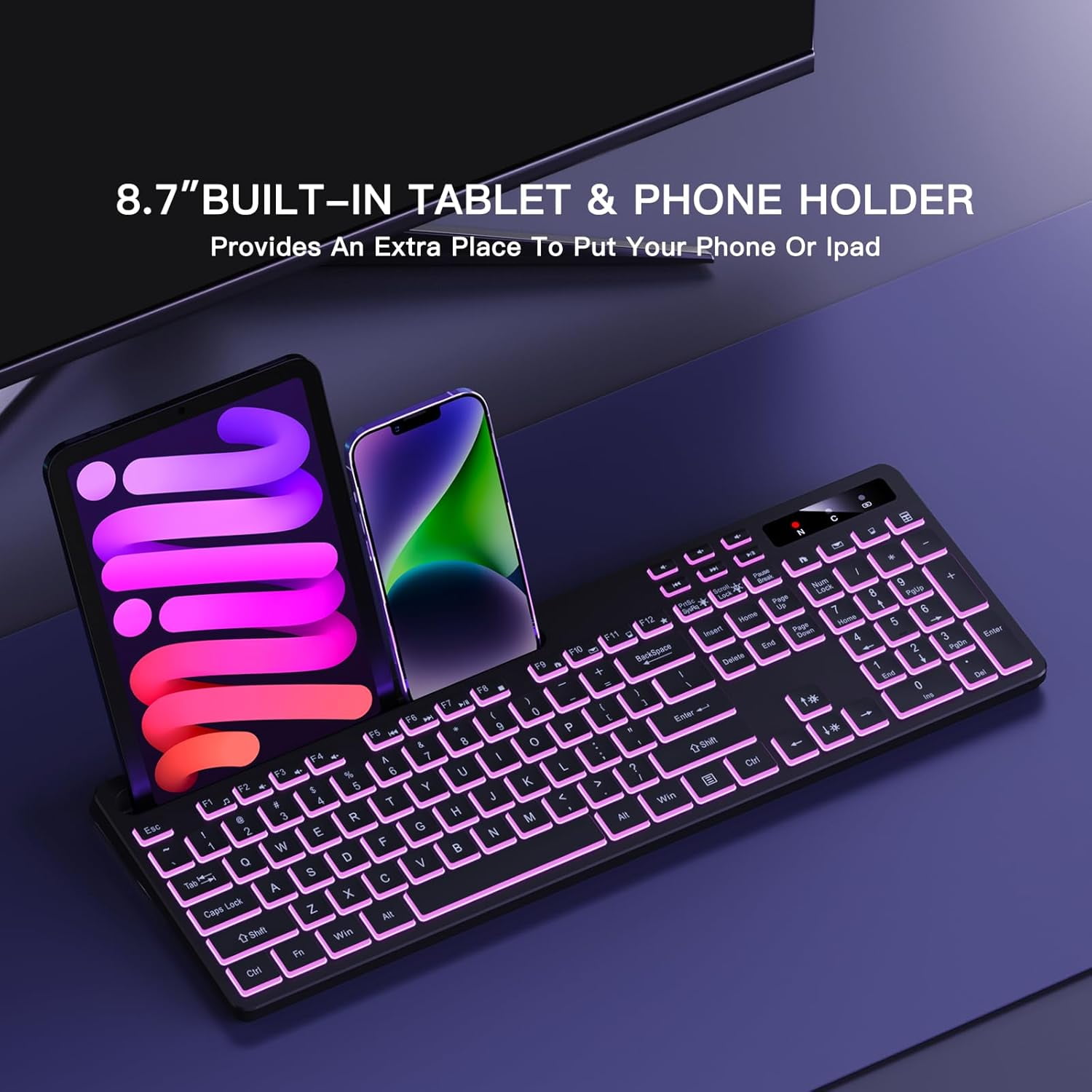Wireless Keyboard with 7-Color RGB Backlit, Full-Size Computer Phone Tablet Holder, 2.4G Rechargeable Gaming Light Up Keys, Compatible Mac, Windows (Black)