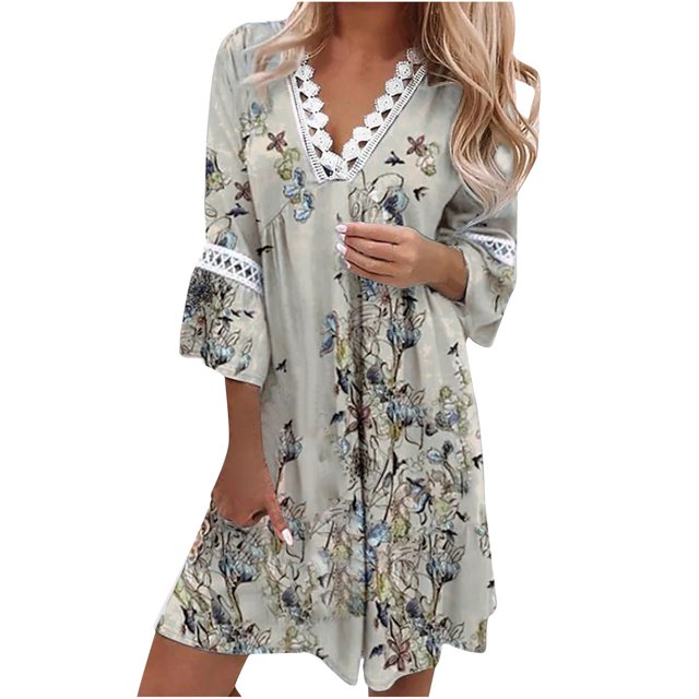 Vestido regular con cuello en V y manga tres cuartos con estampado sexy para mujer a la moda Fridja yut5016