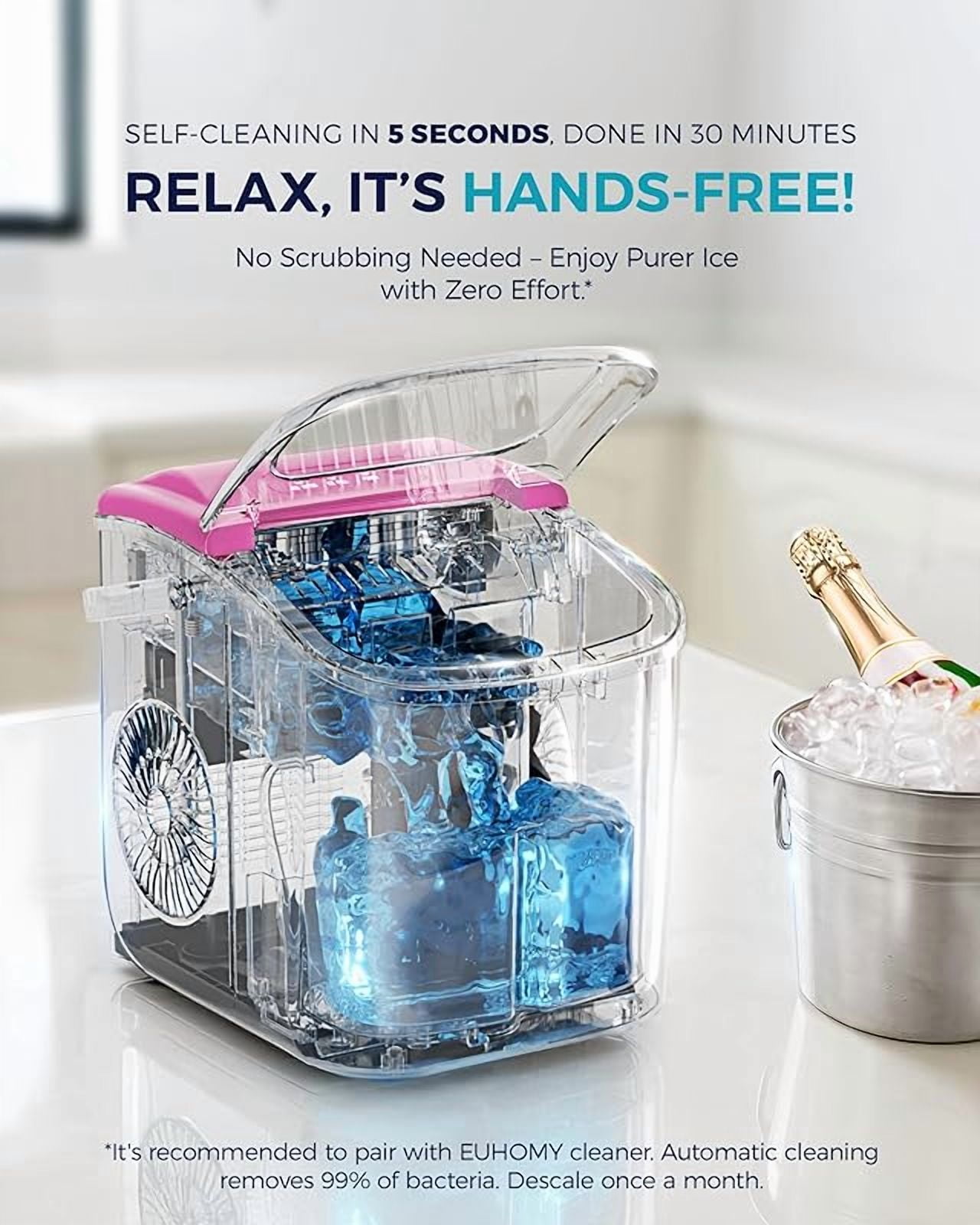 Countertop Ice Maker Machine with Handle, 26lbs in 24Hrs, 9 Ice Cubes Ready in 6 Mins, Auto-Cleaning Portable Ice Maker with Basket and Scoop, for Home/Kitchen/Camping/RV. (Pink)