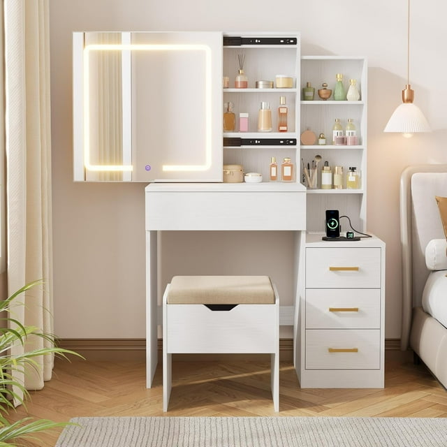 Black Vanity Desk with Sliding Mirror, LED Lights, 4 Drawers & 7 Shelves