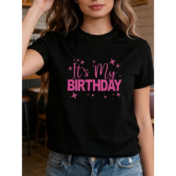 Women's Pink Star It's My Birthday Graphic T-Shirt