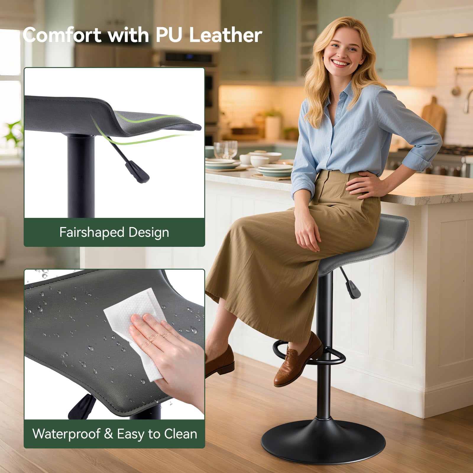 Adjustable Backless PU Leather Bar Stools Set of 2, 360° Swivel Counter Height Bar Stools with Footrest, Modern Armless Kitchen Island Chairs (Gray, Black Base)