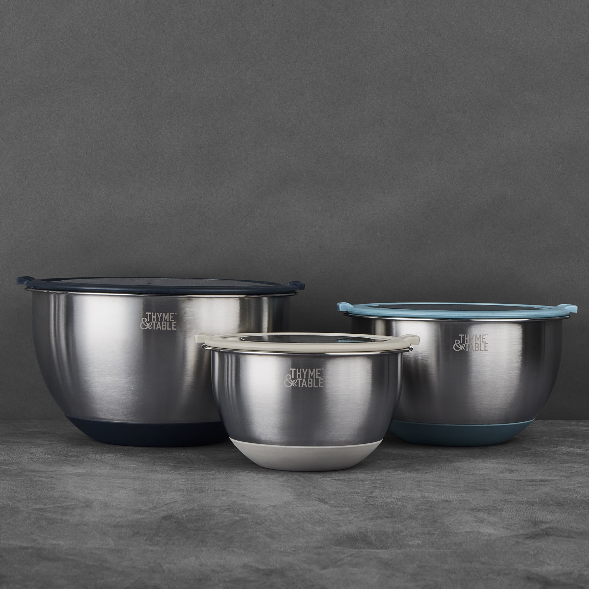 Thyme & Table 6-Piece Nesting Mixing Bowl Set with Easy Grip Transparent Lids - Blue