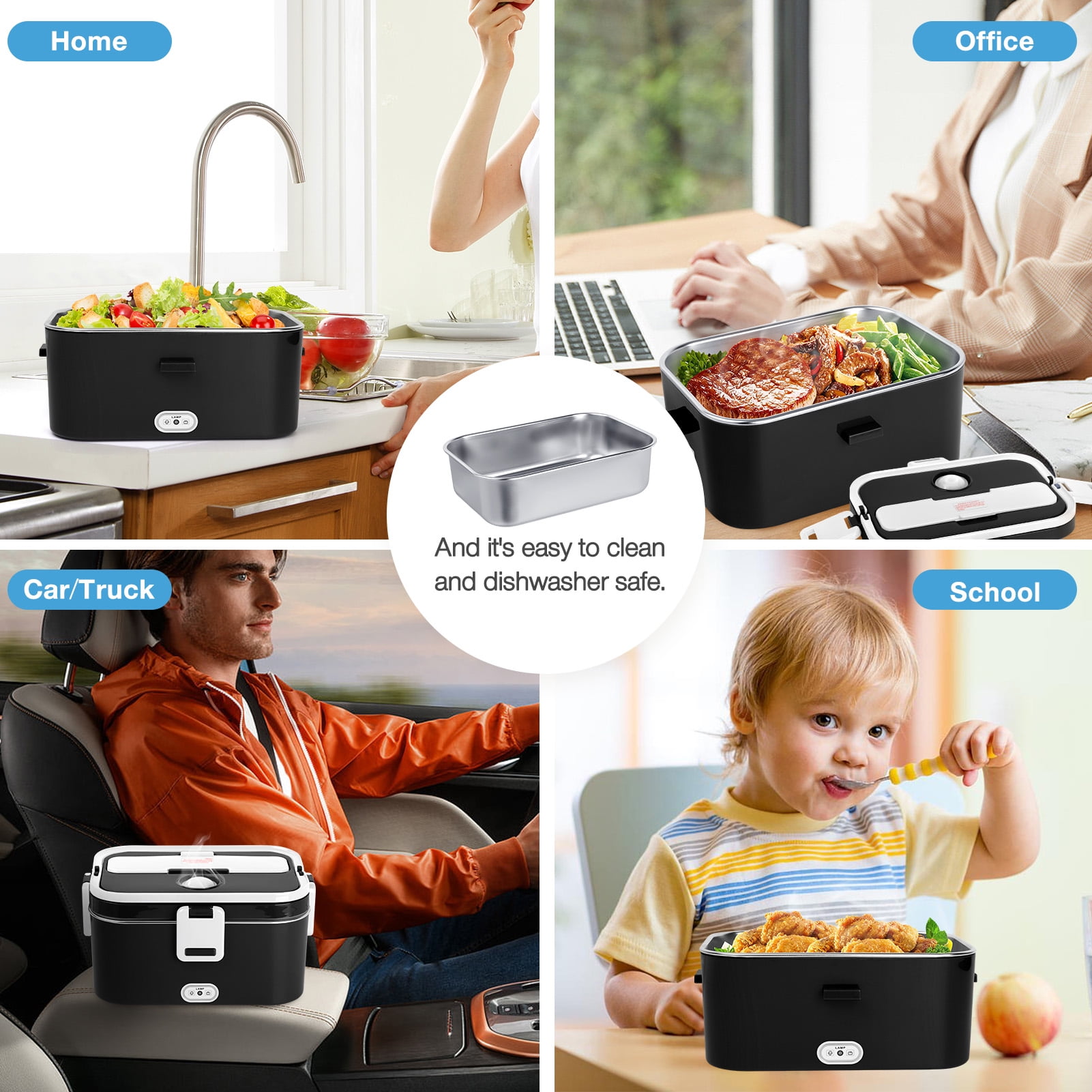 Livhil Electric Lunch Box Food Heater, Portable Food Warmer, Hot Lunch Warmer Heated Lunch Box for Adults, 60W 1.8L 12V-24V 110V Stainless Steel Container Portable Food Heater (Black+White)