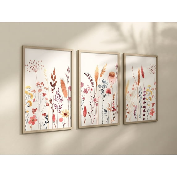 3 Pieces Wildflowers Posters Prints Canvas Painting Modular Pictures Framed Artwork for Wildflower Nursery Bathroom Decor with Wooden Inner Frame