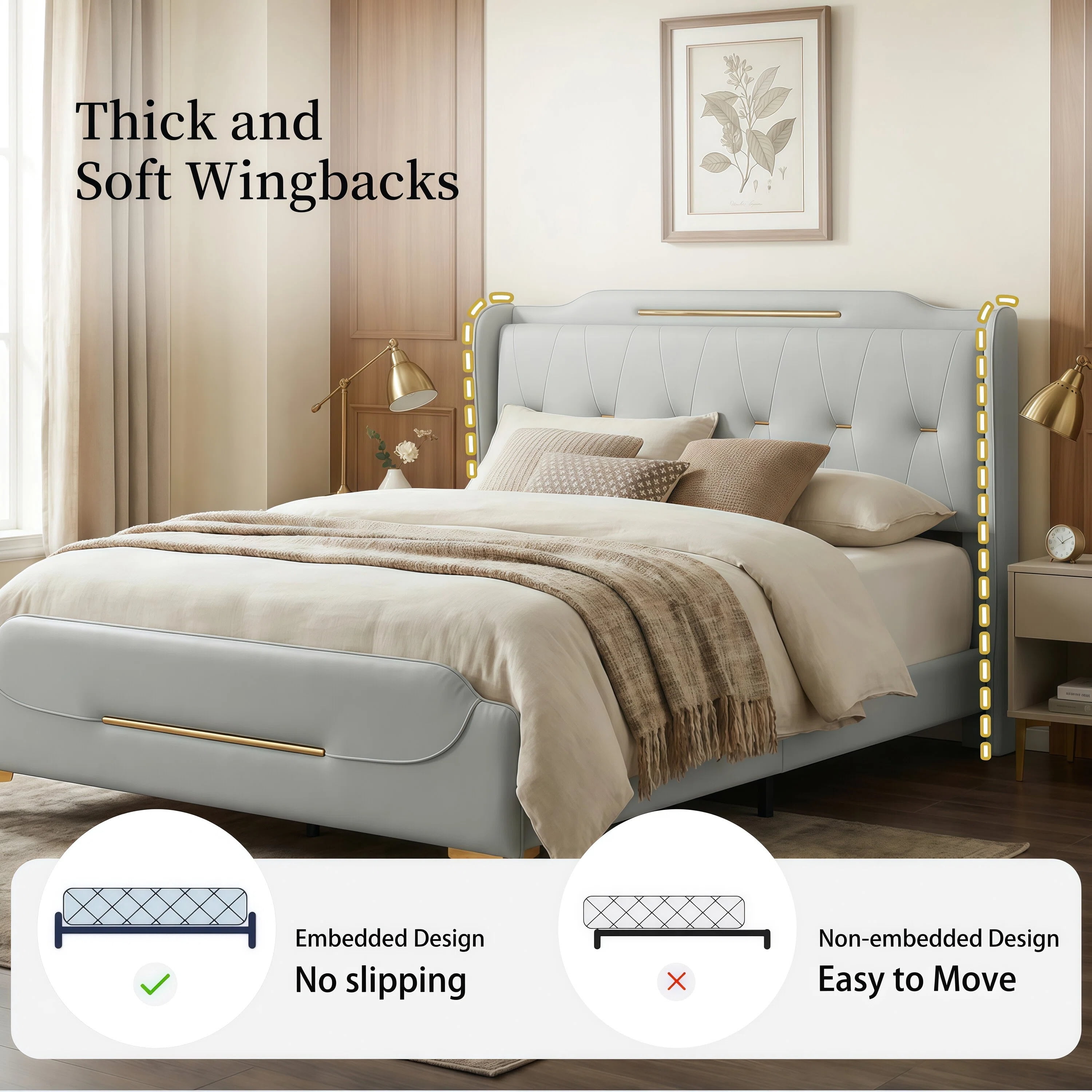 FFZ Modern PU Leather Upholstered Queen Platform Bed Frame with Wingback Headboard, Grey