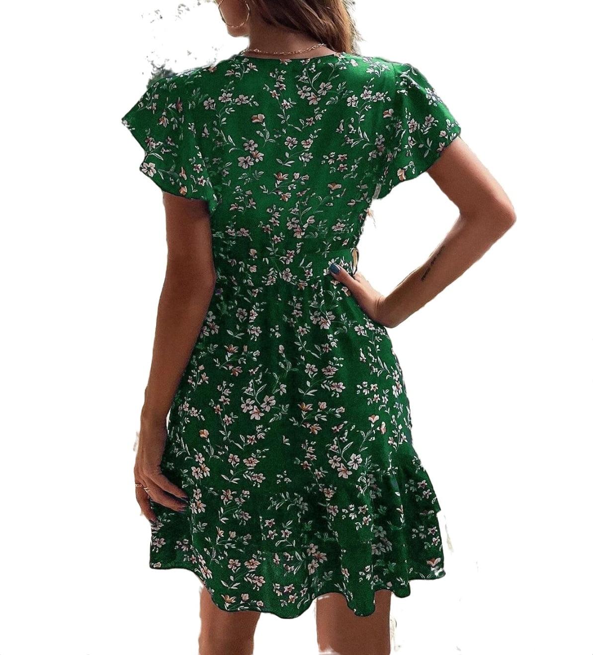  RUPON Women's Dress Plant Print Butterfly Sleeve Guipure Lace  Insert Dress Women's Dress (Color : Dark Green, Size : X-Small) : Clothing,  Shoes & Jewelry